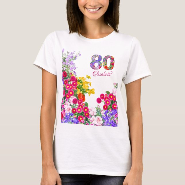 Camiseta 80.ª fiesta de cumpleaños floral invitado de camis (Anverso)