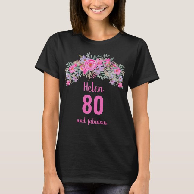 Camiseta 80.º nombre floral rosa negro (Anverso)