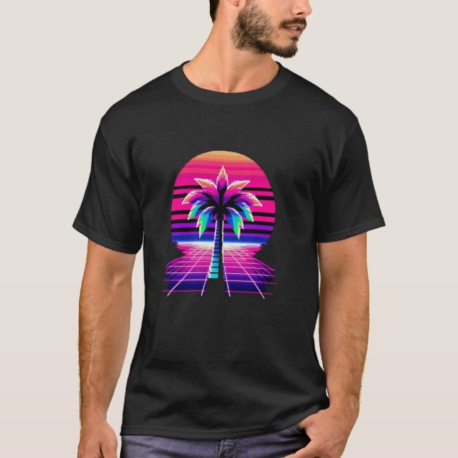 Camiseta 80's Pixel Art Sunset & Palm Tree Retro 8 Bit Vint (Anverso)