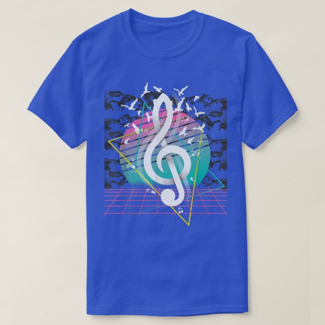 Camiseta 80s Treble Clef Music Flock Of Birds Vaporwave Ret (Diseño del anverso)