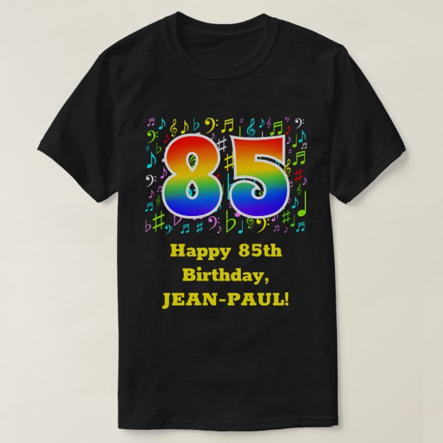 Camiseta 85º cumpleaños: Símbolos musicales coloridos, arco (Diseño del anverso)