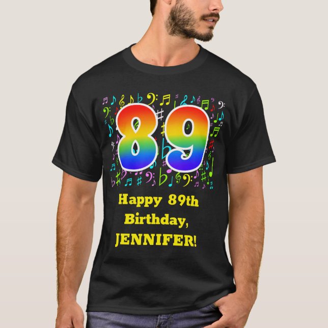 Camiseta 89º cumpleaños: Símbolos musicales coloridos, arco (Anverso)