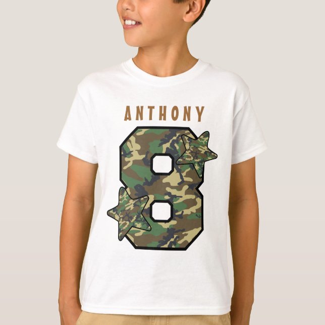 Camiseta 8.º Nacimiento Camo y Nombre Personalizado de Estr (Anverso)