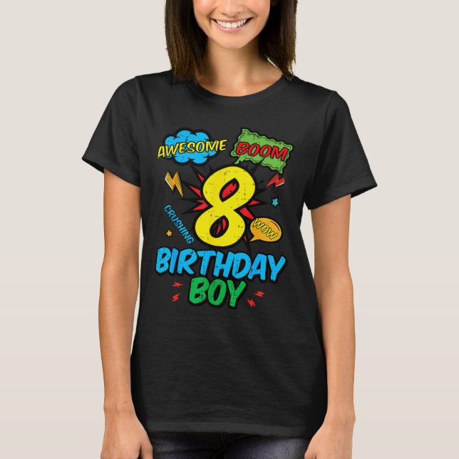 Camiseta 8 Birthday Boy Comic Cool 8th Bday Superhero Party (Anverso)