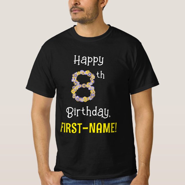 Camiseta 8 cumpleaños: Flores florales número "8" + nombre (Anverso)