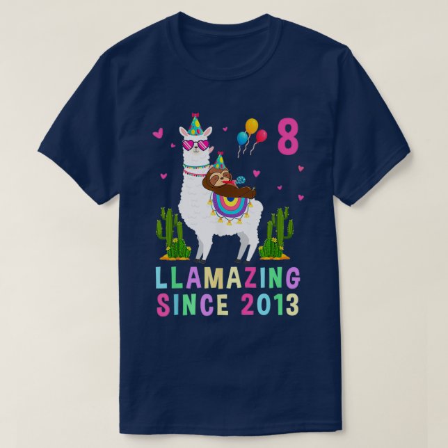 Camiseta 8 Years Old 8th Birthday Sloth Riding Llama Girls  (Diseño del anverso)