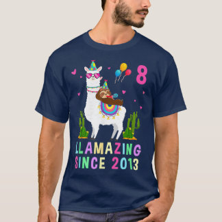 Camiseta 8 Years Old 8th Birthday Sloth Riding Llama Girls