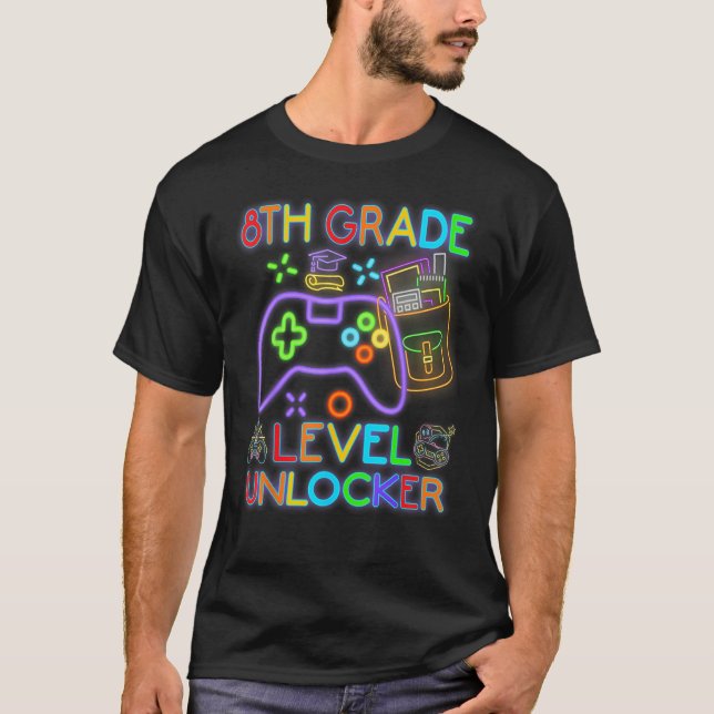 Camiseta 8th Grade Level Unlocked Neon Video Gamer Back to  (Anverso)