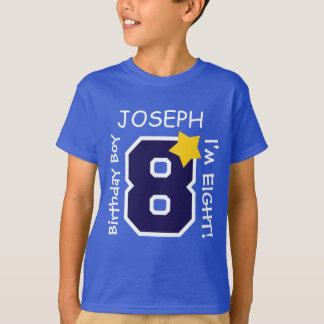 Camiseta 8vo AZUL del muchacho del cumpleaños un nombre de