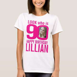 Camiseta 90º cumpleaños color rosa 90 foto y nombre persona