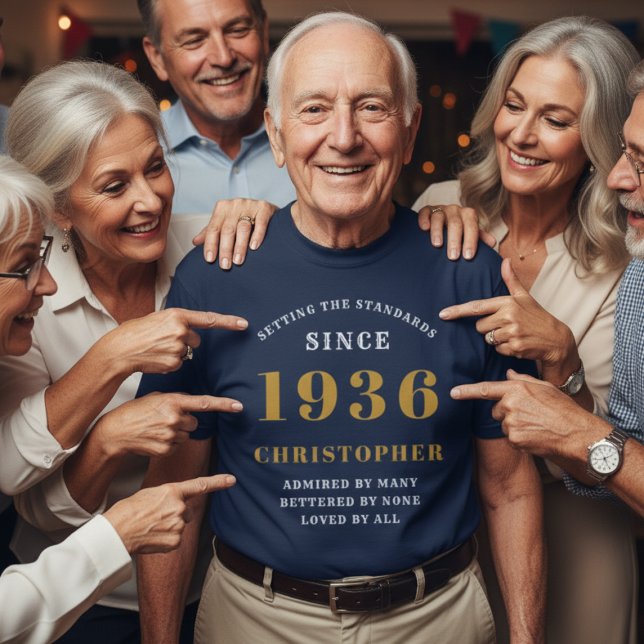 Camiseta 90º cumpleaños personalizado 1936 Añadir nombre or (Personalized 1936 blue tshirt on an older man surrounded by friends.)