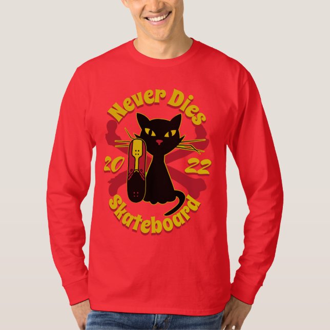 Camiseta 90, skateboard cat, skateboard nunca muere (Anverso)