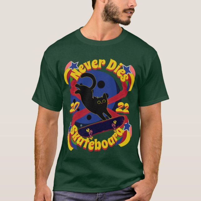 Camiseta 90, skateboard cat, skateboard nunca muere (Anverso)