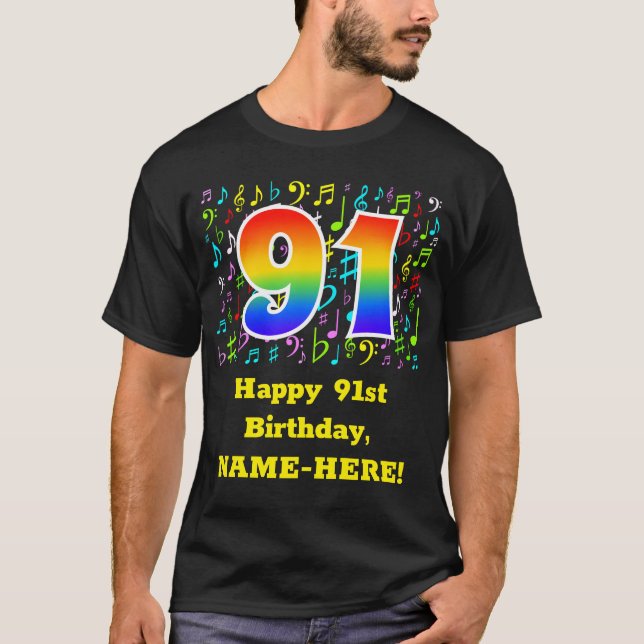 Camiseta 91° cumpleaños: Símbolos de música colorida, arco  (Anverso)