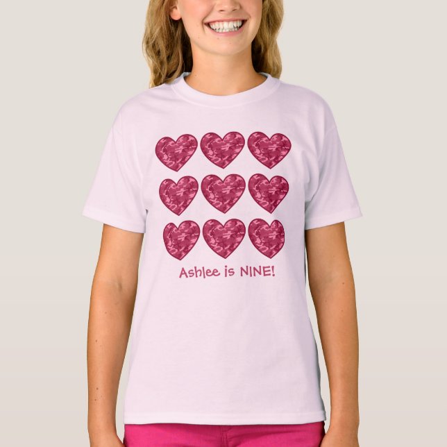Camiseta 9 Chica de cumpleaños Corazones Nombre personaliza (Anverso)
