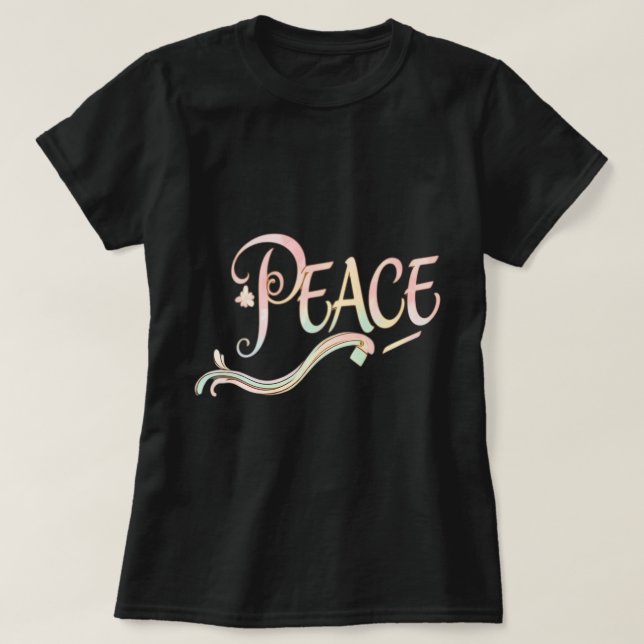 Camiseta A beautiful, flowing script of the word "Peace" fe (Diseño del anverso)