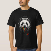 A black and white panda bear wearing a space suit
