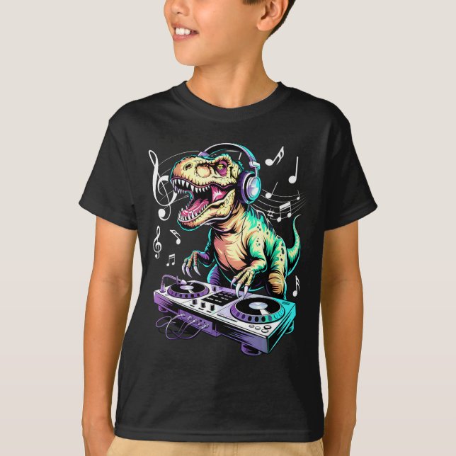 Camiseta A Cute T-rex Playing Electronic Music Funny Dj Din (Anverso)