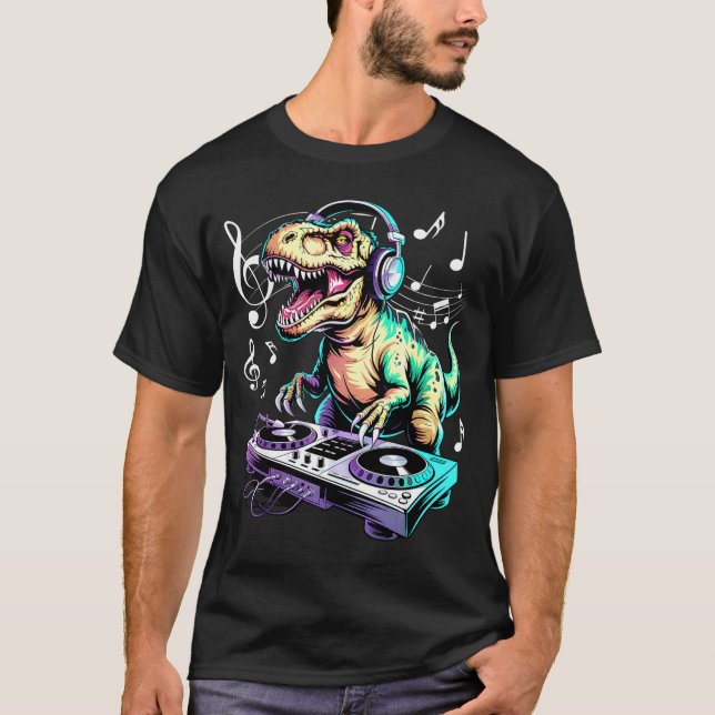 Camiseta A Cute T-rex Playing Electronic Music Funny Dj Din (Anverso)