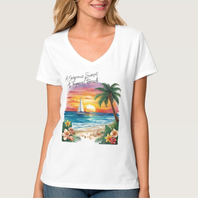 Camiseta A Gorgeous Sunset At Tropical Beach, Vacation,  T- (Anverso)