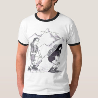Camiseta A Man and Woman Hiking with Backpacks Up Mountain
