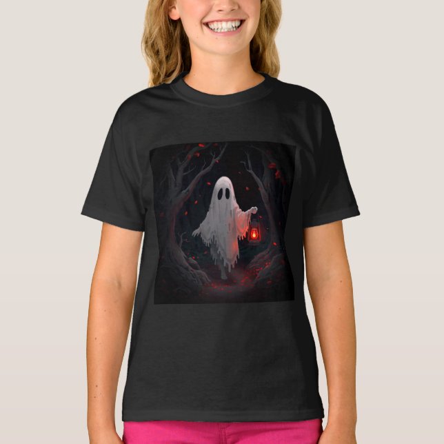 Camiseta A white ghost holding a red lantern with red leave (Anverso)