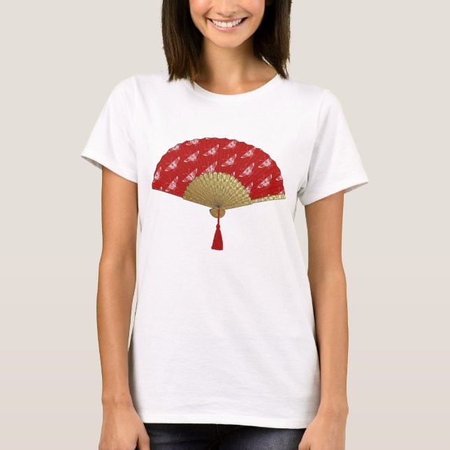 Camiseta Abanico Deco - Mariposas, Rojo Oscuro y Blanco (Anverso)