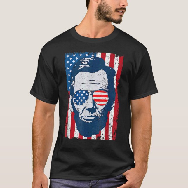 Camiseta Abe Lincoln Beard Gafas de sol y Bandera Americana (Anverso)