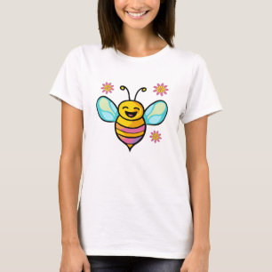Camiseta Abeja bebé sonriente feliz con flores.