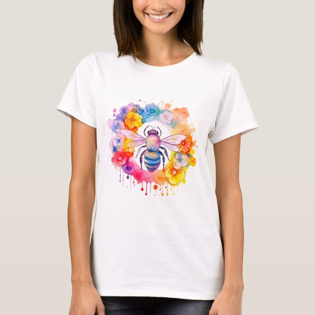Camiseta Abeja de burbujas en flores de arco iris (Anverso)