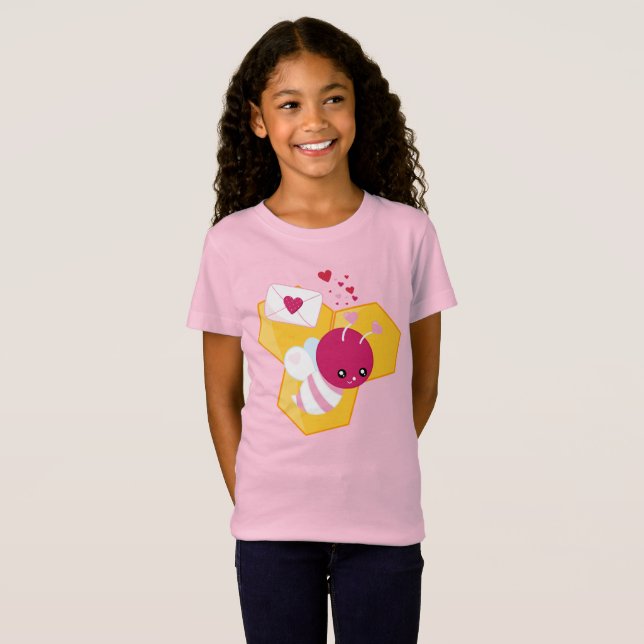 Camiseta Abeja linda con los corazones rosados de San Valen (Anverso completo)