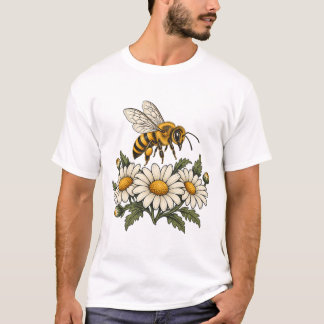 Camiseta Abeja melífera con margaritas y hojas botánicas