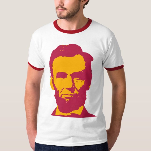 Camiseta Abraham Lincoln en el Naranja de Arte Pop y Red (Anverso)