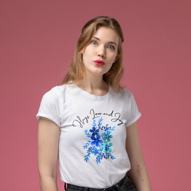 Camiseta Abrazos de amor y alegría, flores azules (Subido por el creador)