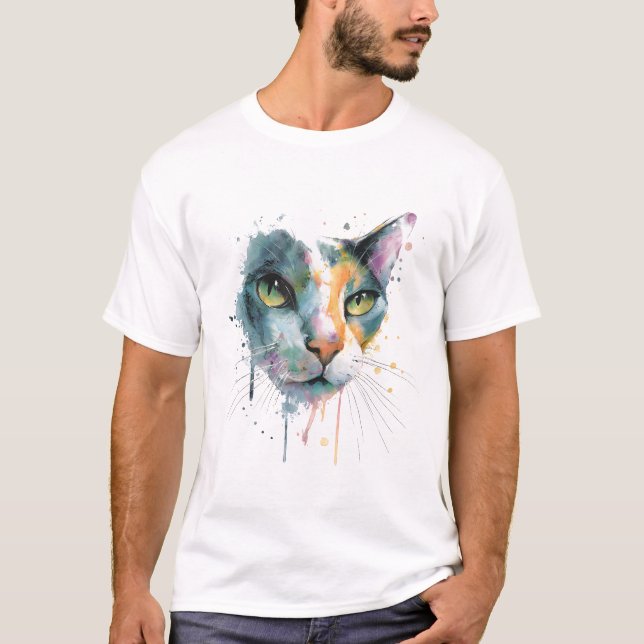 Camiseta Abstract Watercolor Cat Face Colorful Art. (Anverso)