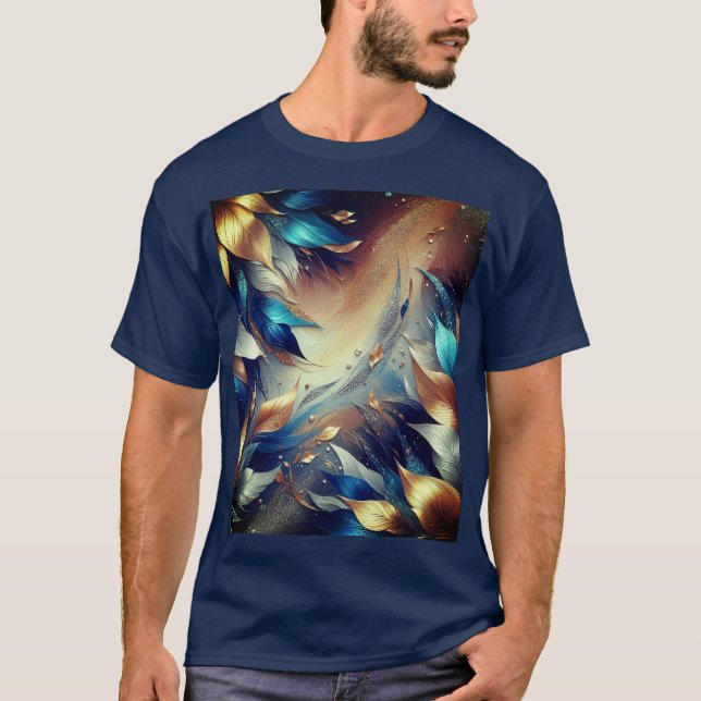 Camiseta abstracta de hojas azules y cobre (Anverso)