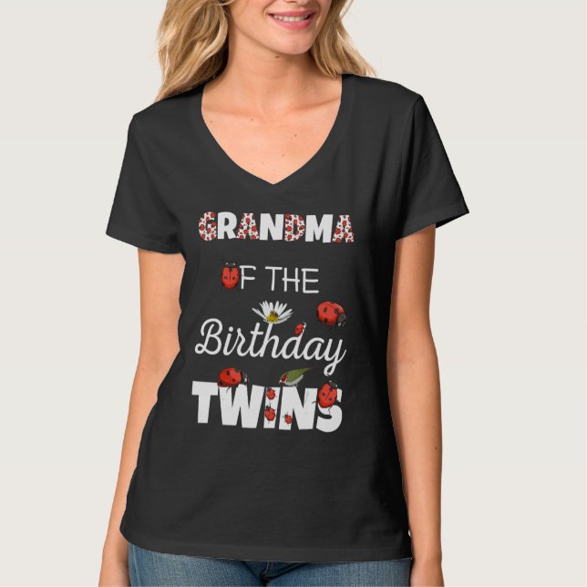 Camiseta Abuela De Birthday Twins Familia Floral Ladybug Bi (Anverso)