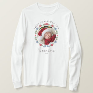 Camiseta Abuela Folk Nórdico Azul Rojo Foto 1er Navidad