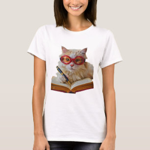 Camiseta Académico felino: Gato con pluma y libro abierto
