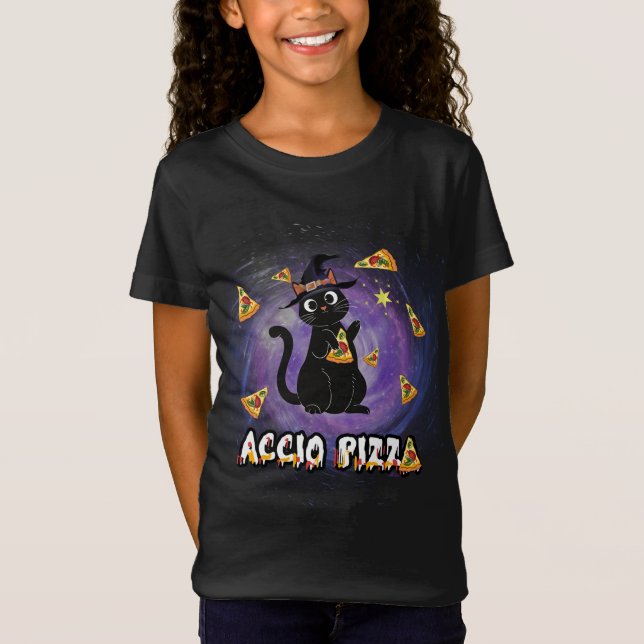 Camiseta Accio Pizza Funny Black Cat Magic (Anverso)