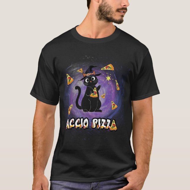Camiseta Accio Pizza Funny Black Cat Magic (Anverso)