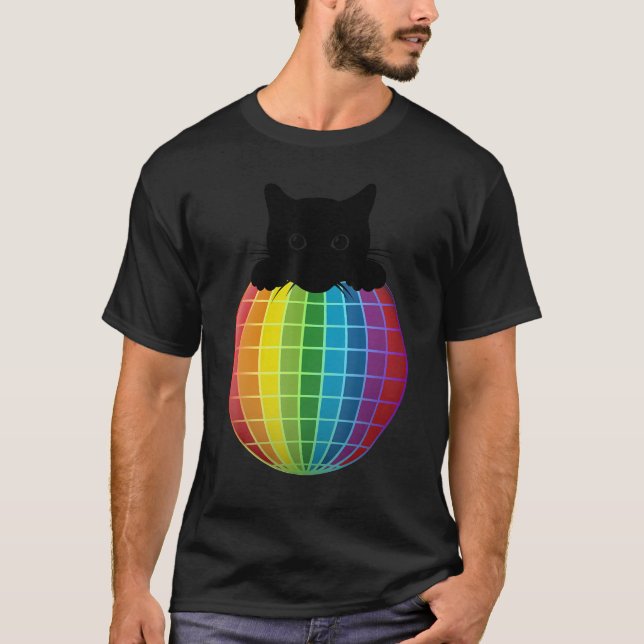 Camiseta Acestésico Disco Ball Rainbow Black Cat Disco Cat (Anverso)