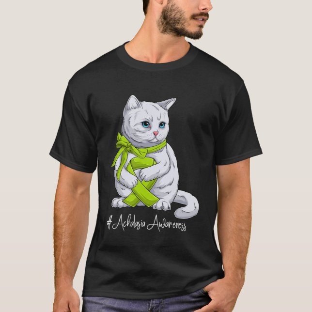 Camiseta Achalasia Awareness Month Lime Green Ribbon Cat (Anverso)