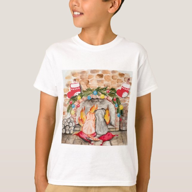 Camiseta Acogedores Navidades mantel con perro y gato (Anverso)