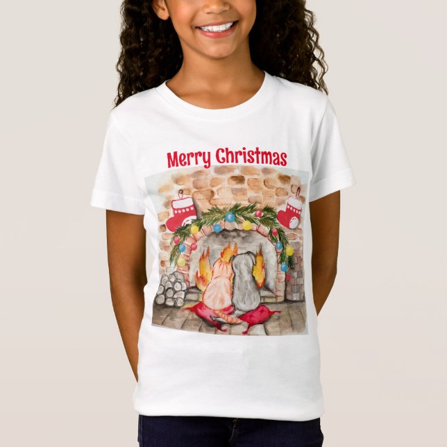 Camiseta Acogedores Navidades mantel con perro y gato (Anverso)