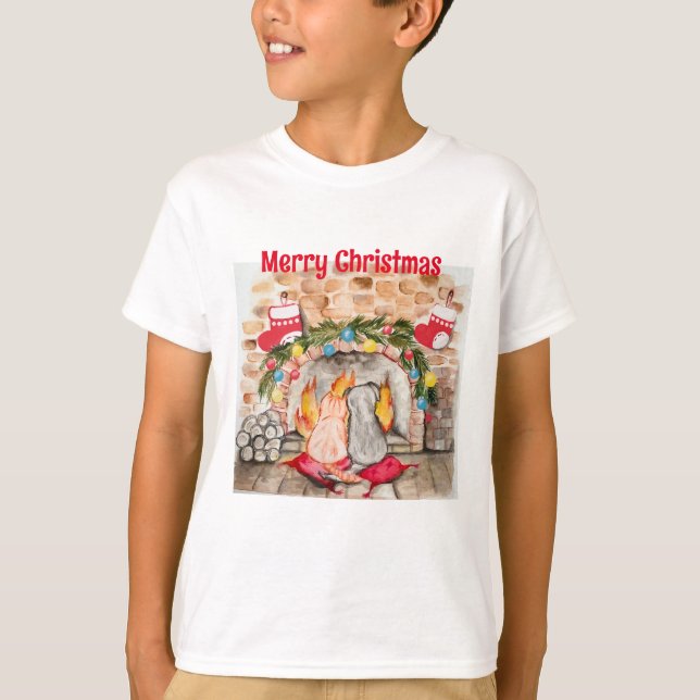 Camiseta Acogedores Navidades mantel con perro y gato (Anverso)