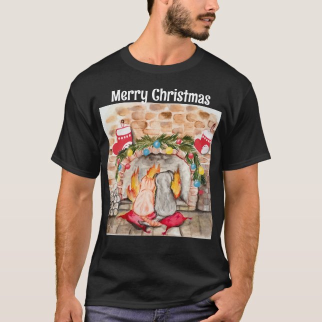 Camiseta Acogedores Navidades mantel con perro y gato (Anverso)