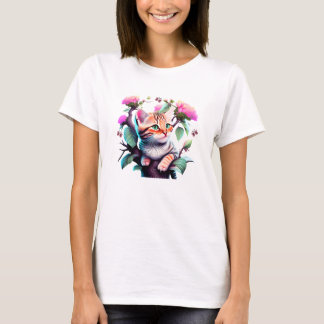 Camiseta acrílica de gato de flores