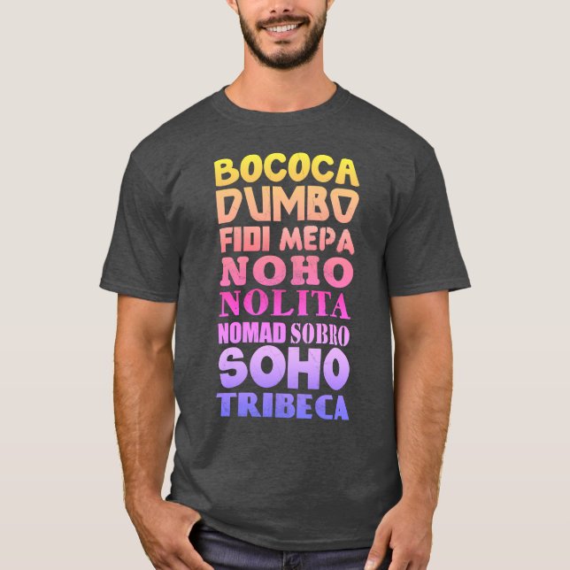 Camiseta Acrónimos de Nueva York, SoHo, Tribeca, NoHo (Anverso)