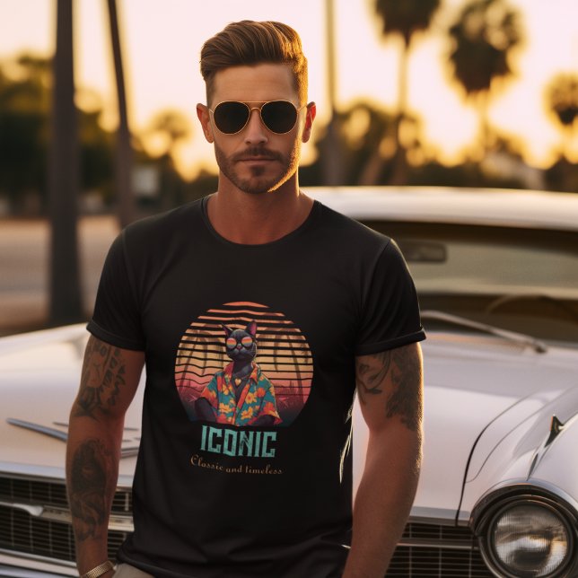 Camiseta Actitud de gatos tropicales sin tiempo (A man wears a Timeless Tropical Cat Attitude T-Shirt.)